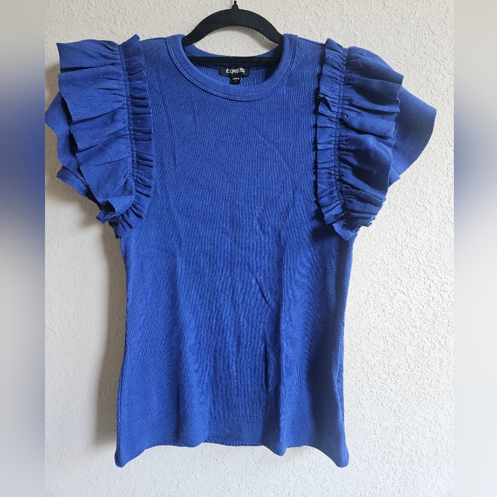 Express Blue Ruffle Sleeve Top